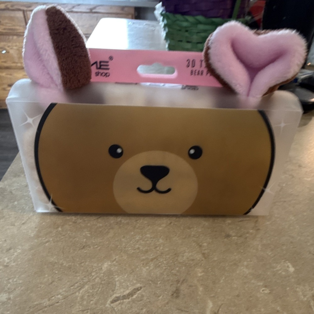 The Crème Shop 3D Plush Bear Spa Headband Brown Pink Fabric Cruelty-Free Vegan